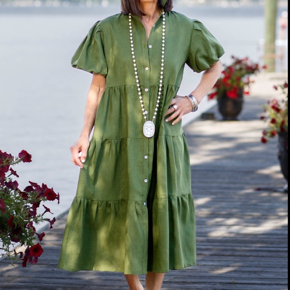 NWT Phoebe Tiered 100% Linen Dress Crown Linen Designs Arte Italica Green - Picture 1 of 12